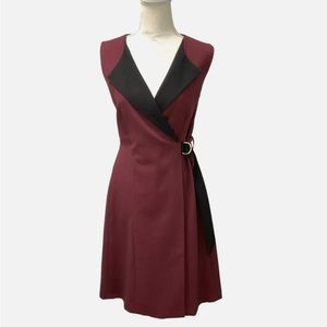 Calvin klein Wine Red & Black Contrast Faux Wrap Midi Dress Size 12